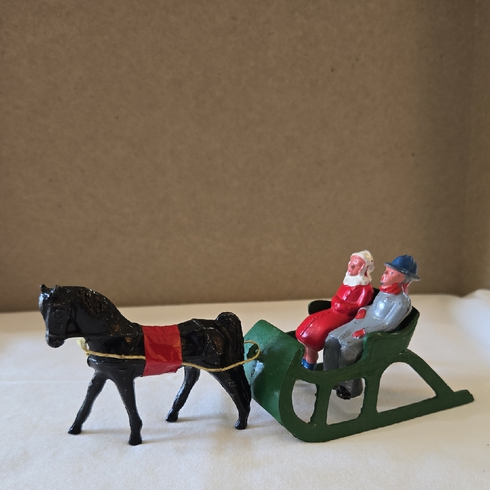 Vintage Barclay Lead One Horse Open Sleigh and Two Riders